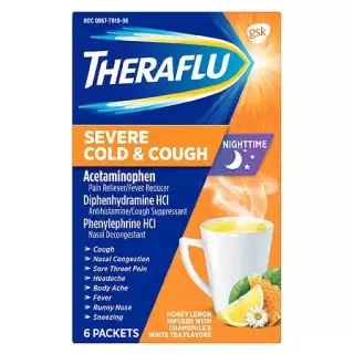2/11180/18662 Theraflu Nighttime Severe Cold & Cough Relief Hot Liquid Powder Chamomile & White Tea - Honey Lemon, Health & Wellness, 6CT